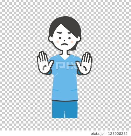 一位身穿手術服的女士用雙手停下來的插圖 一位身穿手術服的女士用雙手停下來的插圖 128908283