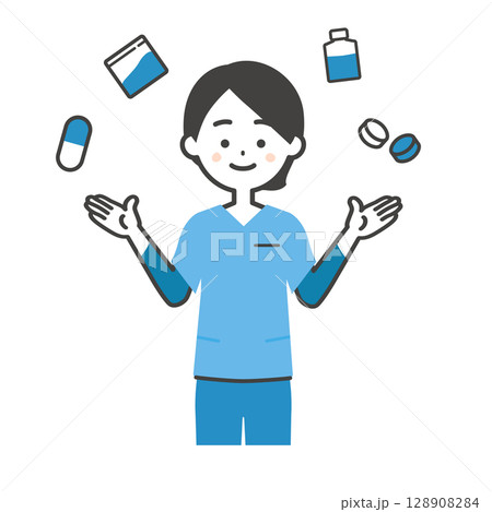 色んな種類の薬品とスクラブ姿の女性イラスト 128908284
