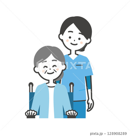 スクラブ姿の女性と車いすに乗った年配の女性イラスト 128908289