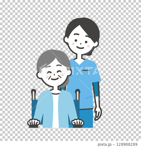 Illustration of a woman in a scrub and an elderly woman in a wheelchair 128908289
