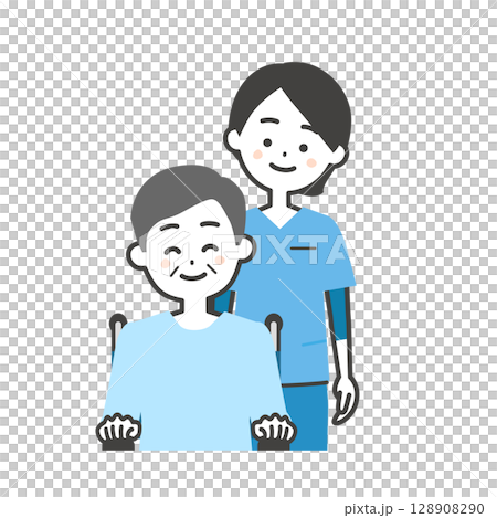 スクラブ姿の女性と車いすに乗った年配の男性イラスト 128908290