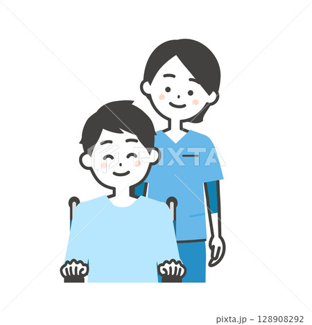 スクラブ姿の女性と車いすに乗った男性イラスト スクラブ姿の女性と車いすに乗った男性イラスト 128908292