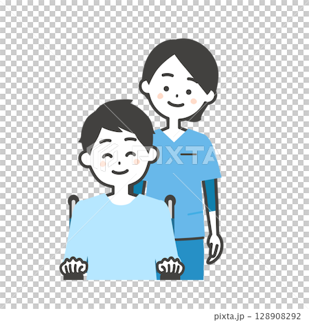 スクラブ姿の女性と車いすに乗った男性イラスト スクラブ姿の女性と車いすに乗った男性イラスト 128908292