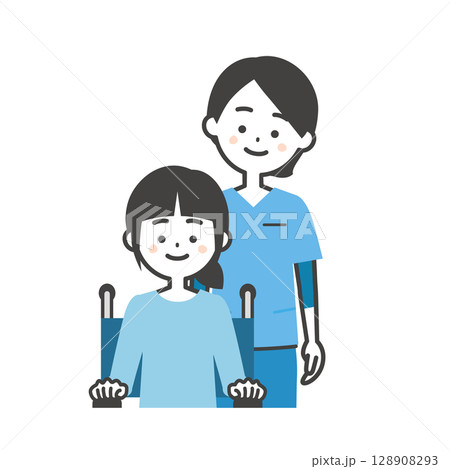 スクラブ姿の女性と車いすに乗った女の子イラスト 128908293