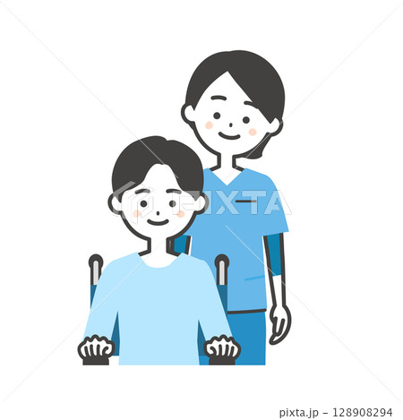 スクラブ姿の女性と車いすに乗った男の子イラスト 128908294