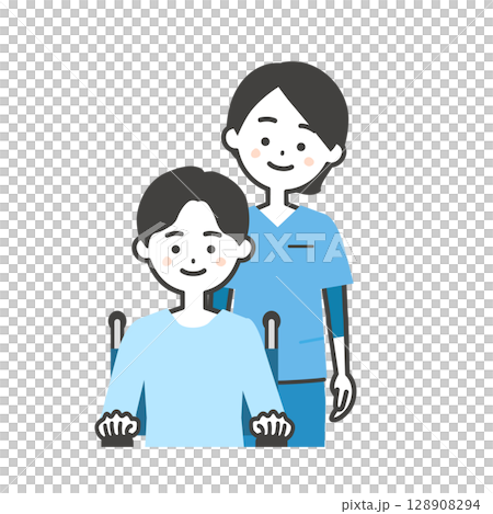 Illustration of a woman in a scrub and a boy in a wheelchair 128908294