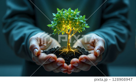 Nurturing Nature, Hands Holding a Glowing Tree of Life. Nurturing Nature, Hands Holding a Glowing Tree of Life. 128908947