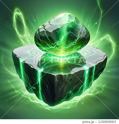 Glowing green crystal floating above a dark rock base with electric energy pulses around it in a mystical, enchanting atmosphere. 128909063