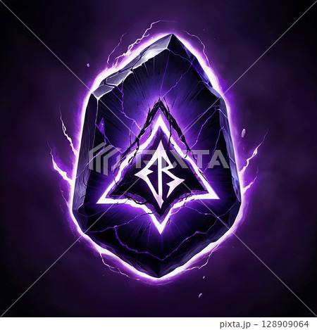 Mystical purple crystal emitting electric energy with a geometric symbol at its center, surrounded by a dark swirling background creating an intense atmosphere. 128909064