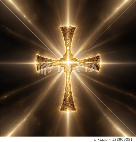 Golden cross illuminated by radiant light beams with intricate details and a glowing aura set against a dark background creating a mesmerizing spiritual atmosphere. Golden cross illuminated by radiant light beams with intricate details and a glowing aura set against a dark background creating a mesmerizing spiritual atmosphere. 128909081