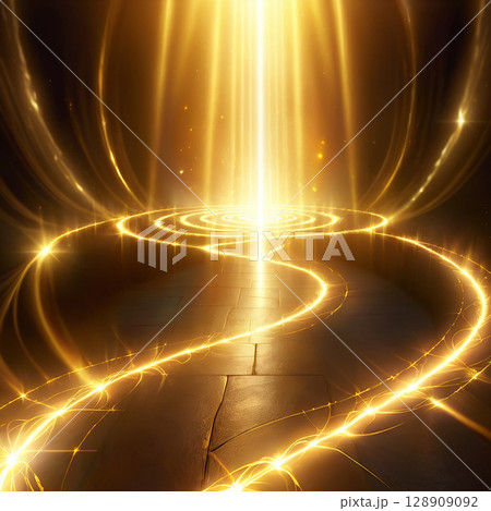 Radiant light beams illuminating a dark space with swirling golden patterns creating a mystical and enchanting atmosphere surrounding the central focal point. 128909092