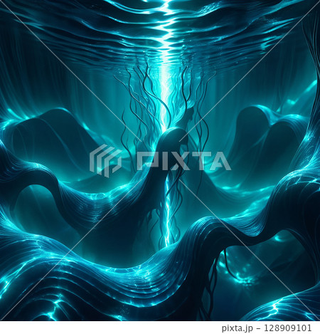 Surreal underwater scene with flowing organic shapes, glowing light effects, and intricate textures resembling sea creatures and surreal landscapes. 128909101