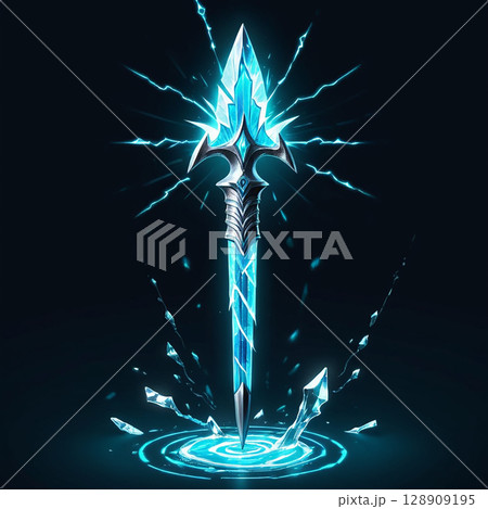 Glowing ice spear with intricate design surrounded by shards and sparkling electric energy against a dark background radiating power and mystique. 128909195