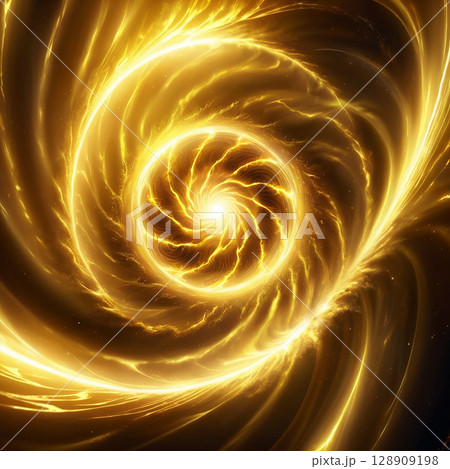 Spiral pattern illuminated with golden light, swirling in dynamic motion against a dark cosmic background filled with specks of distant stars and energy bursts radiating outward. 128909198