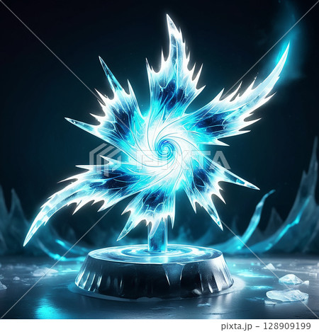 Glowing blue ice vortex swirling from a crystalline star-shaped ice sculpture on a round pedestal illuminated by surrounding cool light in a dark atmosphere. 128909199