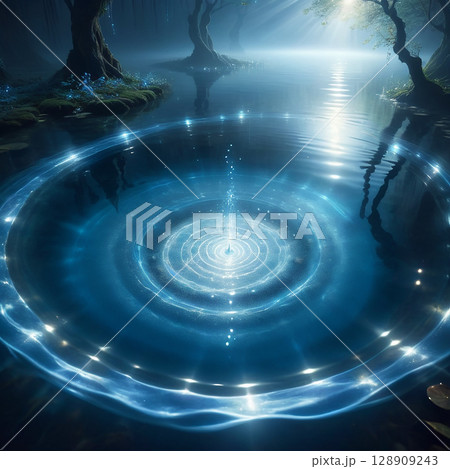 Rippling water in forest with soft light reflections creating a serene atmosphere amidst trees and mystical fog surrounding the calm surface and gentle waves from a central point. Rippling water in forest with soft light reflections creating a serene atmosphere amidst trees and mystical fog surrounding the calm surface and gentle waves from a central point. 128909243