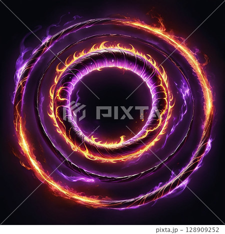 Vibrant swirling purple and orange magic circle glowing in a dark background with fiery effects creating a mystical and enchanting atmosphere full of energy. 128909252