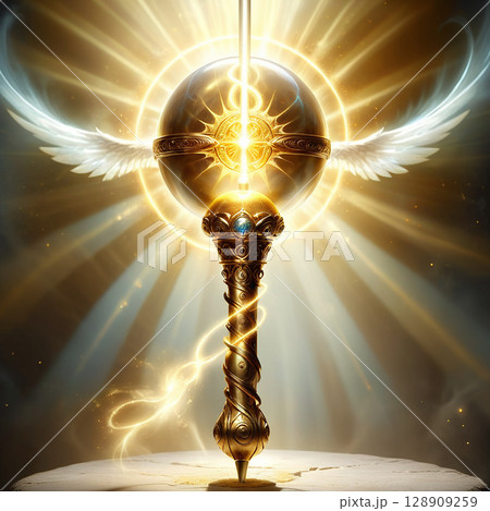 Celestial orb with ornate wings and a golden staff emitting radiant light in a mystical environment surrounded by shimmering particles and divine energy. 128909259