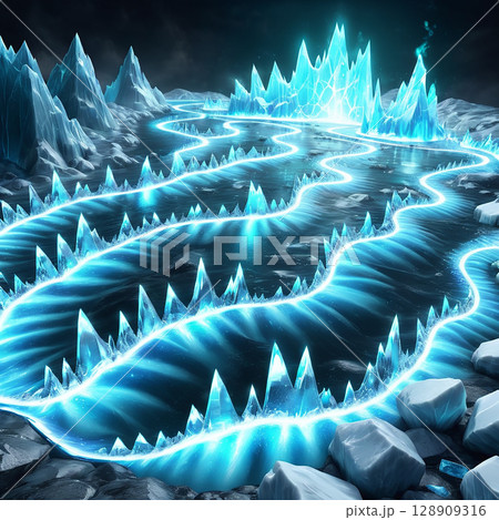 Glowing icy landscape with a winding river of blue light surrounded by sharp, crystalline ice formations and dark rocky terrain beneath a starry sky at night. 128909316