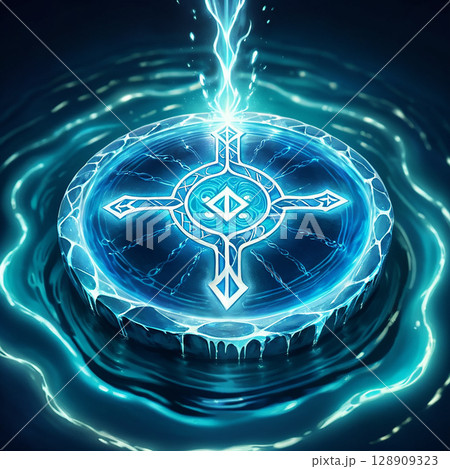 Glowing blue symbol on circular water surface surrounded by luminous light and intricate designs reflecting dynamic energy and motion. 128909323