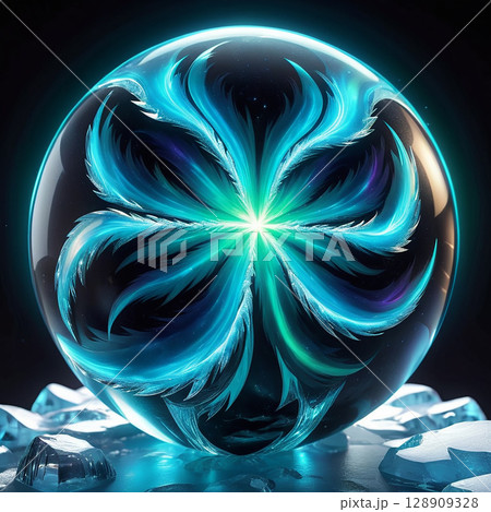 Glowing crystal orb with swirling blue and green patterns reflecting light surrounded by ice shards on a dark background creating a mystical atmosphere. 128909328