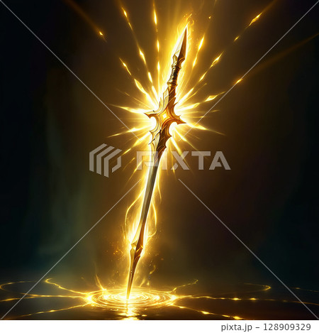 Radiant spear glowing with golden light against a dark backdrop emanating powerful energy and mystical aura illuminating the surrounding area with a magical essence. 128909329