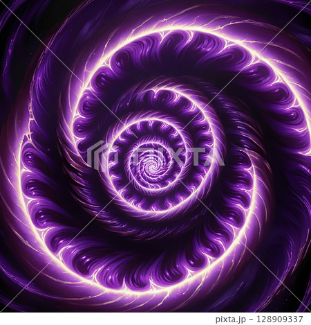 Swirling purple vortex with luminous energy radiating outward in a cosmic abstract design, creating a mesmerizing and captivating visual effect centered on a spiraling pattern. 128909337