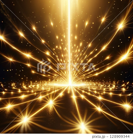 Bright golden light burst radiating from the center, surrounded by shimmering particles and star-like effects, creating a magical and ethereal atmosphere in a dark background. 128909344