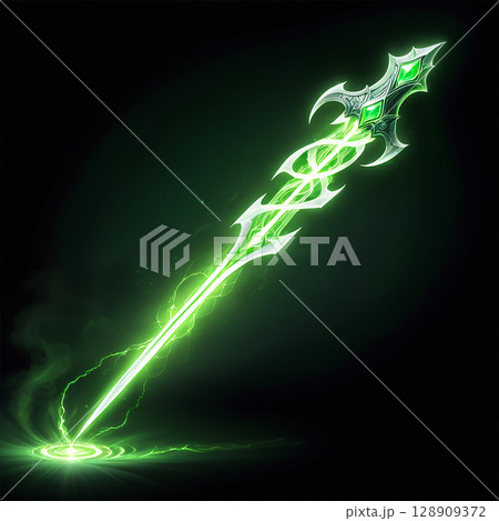 Bright green glowing spear with intricate designs and mystical energy emanating from its tip glowing against a dark background, resembling a fantasy weapon in a magical setting. Bright green glowing spear with intricate designs and mystical energy emanating from its tip glowing against a dark background, resembling a fantasy weapon in a magical setting. 128909372