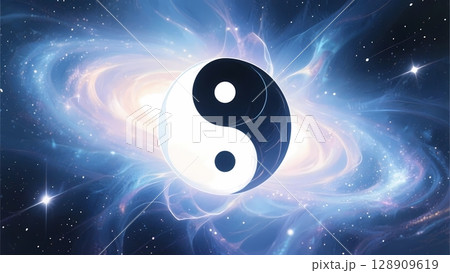宇宙を背景にした陰陽のマーク 128909619