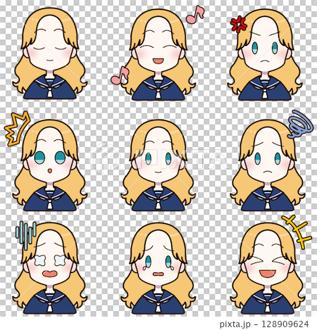 Set 7 of facial expressions of girls wearing sailor suits 128909624