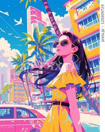 ビーチリゾートを旅行する水着の若い女性 CITY POP 128909729