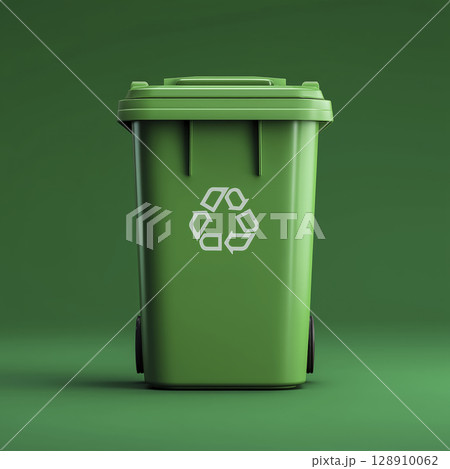 Green recycling bin with lid and wheels standing on matching green background, symbolizing waste separation and environmental sustainability 128910062