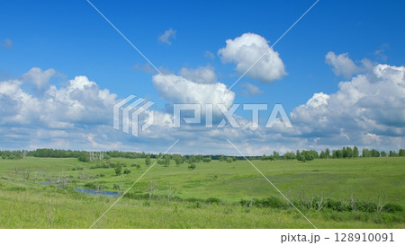 A Beautiful, Serene Green Landscape Beneath a Vast Blue Sky with Fluffy Clouds Floating A Beautiful, Serene Green Landscape Beneath a Vast Blue Sky with Fluffy Clouds Floating 128910091