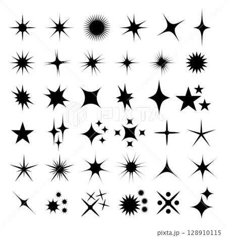 Shine Icons Set. Star Symbols. Twinkling Stars. Symbols of Sparkle, Glimmer and Glow. Set of star icons features an array of twinkling stars, radiant bursts and sparkling symbols. 128910115