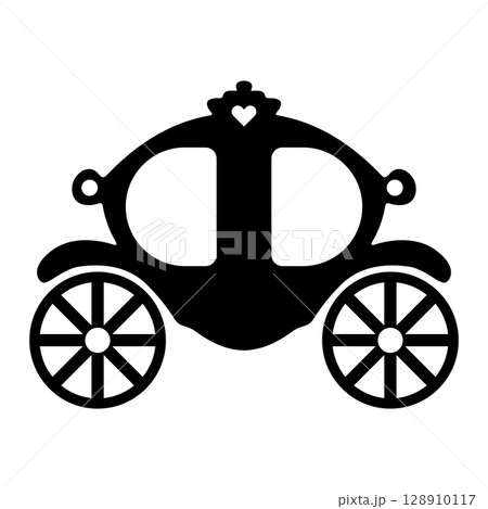 Fairy Tale Princess Carriage Silhouette Vector Illustration. A rounded, ornate coach body with two large decorative wheels and a charming heart motif at the top. Fairy Tale Princess Carriage Silhouette Vector Illustration. A rounded, ornate coach body with two large decorative wheels and a charming heart motif at the top. 128910117