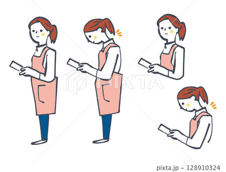 スマートフォン依存によるスマホ首・ストレートネックによる悪姿勢　主婦　セットのストックイラスト素材 128910324