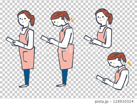 スマートフォン依存によるスマホ首・ストレートネックによる悪姿勢　主婦　セットのストックイラスト素材 128910324