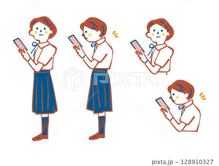 スマートフォン依存によるスマホ首・ストレートネックによる悪姿勢 女子学生 セットのストックイラスト スマートフォン依存によるスマホ首・ストレートネックによる悪姿勢 女子学生 セットのストックイラスト 128910327