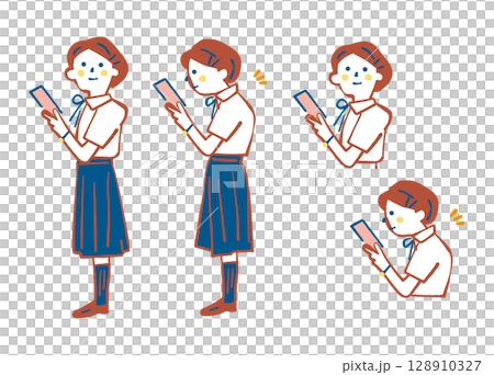 スマートフォン依存によるスマホ首・ストレートネックによる悪姿勢 女子学生 セットのストックイラスト スマートフォン依存によるスマホ首・ストレートネックによる悪姿勢 女子学生 セットのストックイラスト 128910327