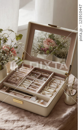 Elegant jewelry storage box showcases variety of precious items with multiple open compartments, radiating sophistication and timeless beauty 128910447