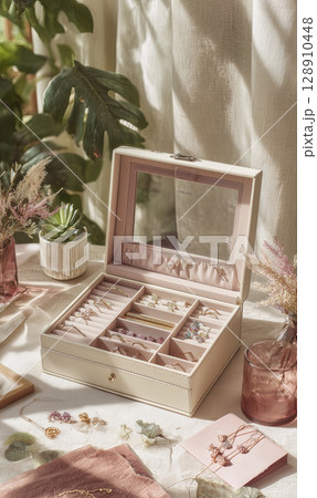 Jewelry storage box is opened, displaying multiple compartments and items. scene is tranquil and organized, conveying sense of peace 128910448