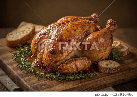 Deliciously prepared whole roasted chicken, seasoned to perfection, sitting on a natural wooden board. Ideal for a festive gathering or hearty family meal. 128910466