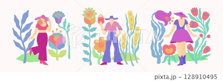 Woman in flowers. Women dance in happy day. Girl with floral big decoration. Summer field with flat leaf and plants. People walk in nature. Simple drawings. Vector illustrations set 128910495