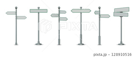 Street sign. Road post signage. Signpost on metal pole. Arrow board. Destination guide. Realistic location pointers. Metallic steel stick. Traffic roadsign. Vector isolated signboards set 128910516