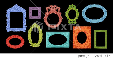 Painting frame. Art mirror decor, for antique photo gallery or baroque museum wall. Victorian baguette shape. Colorful doodle style drawing isolated decorative trendy vector illustrations 128910517