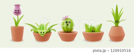 3d flowers. Plant face emoji in flowerpot, kawaii toy in pot. Nature home garden, green cactus characters. Cute houseplants with smiles. Render glossy isolated vector cartoon set 128910518