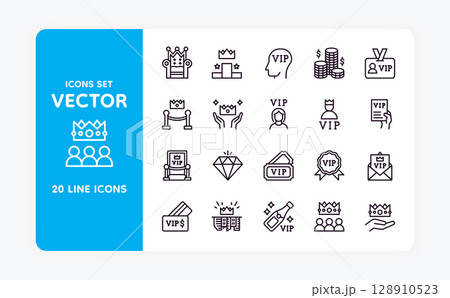 VIP pictogram. Celebrity club membership. Exclusive special member line entrance. Event ticket. Premium quality. Special pass tag. Crown symbol. Star admission. Vector line icons set 128910523