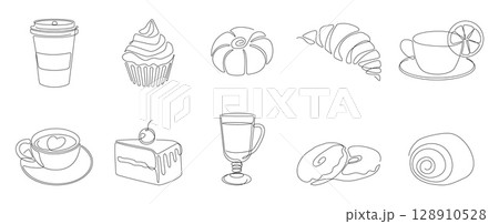 Line art cakes. Food dessert bakery for cafe, outline coffee and pancakes. Sweet bake sketch, minimalistic tea drink for menu. Croissant, sweet muffin and donut. Vector isolated icons 128910528
