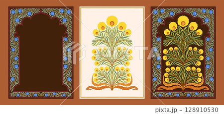 Flower motif. Mughal floral art. Indian ethnic ornament or plant folk design frame. Vintage tree decoration. Botanical border. Turkish traditional vintage bunch. Vector isolated embroidery 128910530